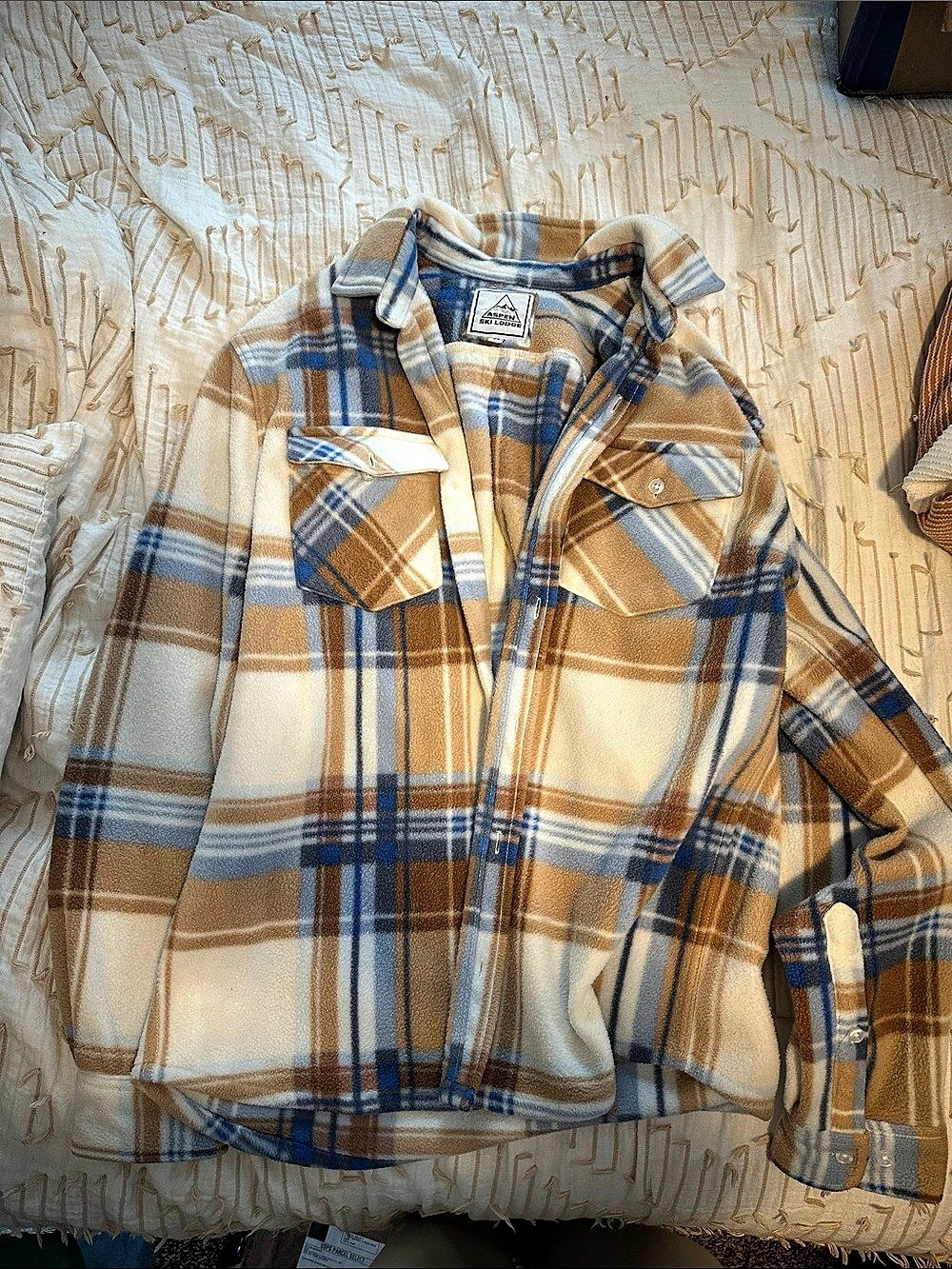 Aspen Ski Lodge Plaid Shirt Jacket Blue & Brown Medium